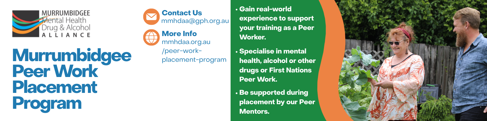 Image of two people in the garden alongside key points about the Peer Work Placement Program