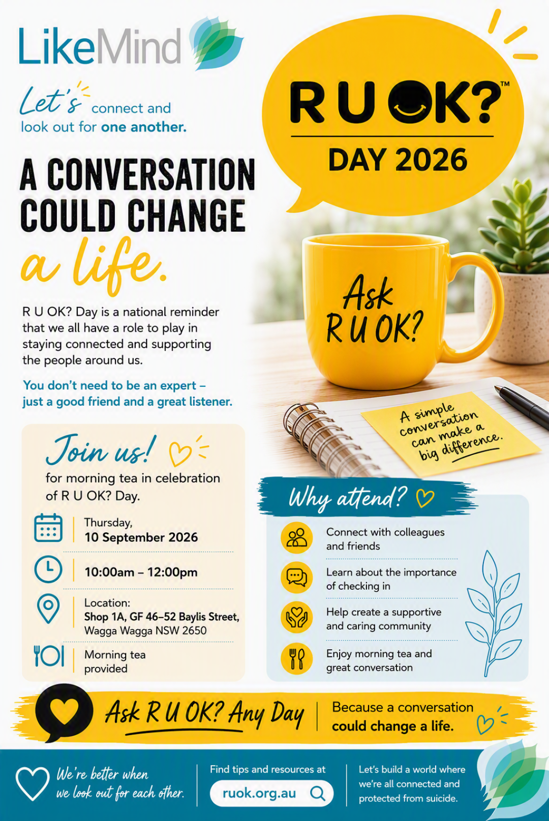 R U OK? Day morning tea flyer organised by LikeMind